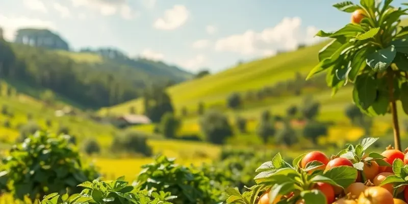A peaceful landscape featuring colorful fruits and vegetables amidst lush greenery, symbolizing health and wellness.