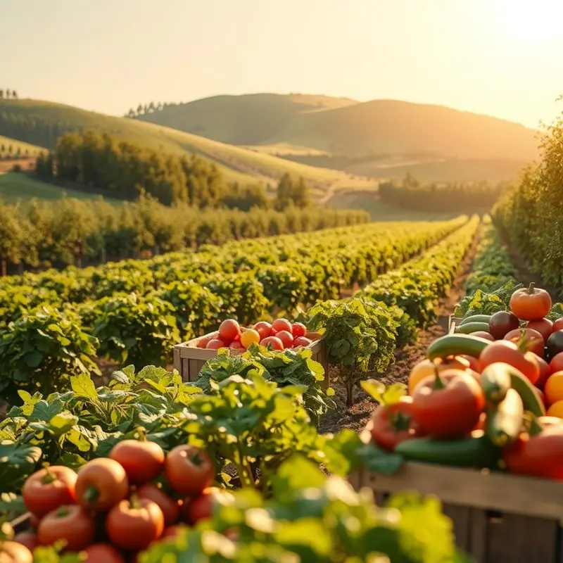 A vibrant, sunlit orchard brimming with fresh organic produce.
