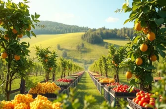 A lush organic landscape with vibrant fruits and vegetables symbolizing healthy nutrition.