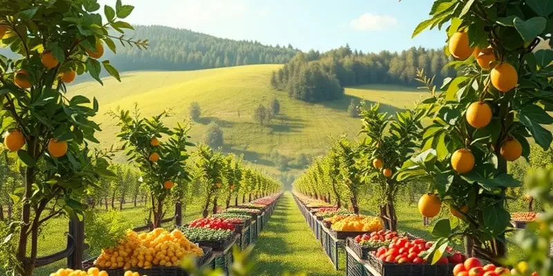 A lush organic landscape with vibrant fruits and vegetables symbolizing healthy nutrition.