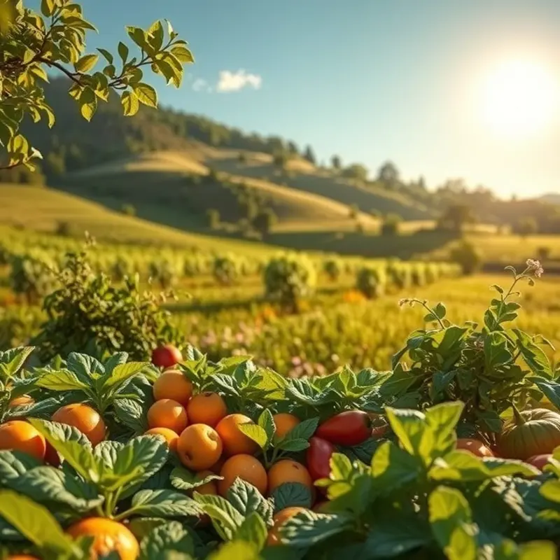 A vibrant sunlit orchard filled with lush vegetables and fruits.