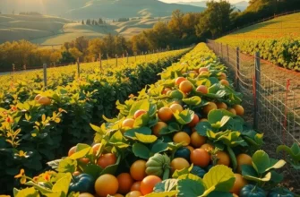 Scenic landscape of an orchard with a variety of fruits and vegetables basking in sunlight.