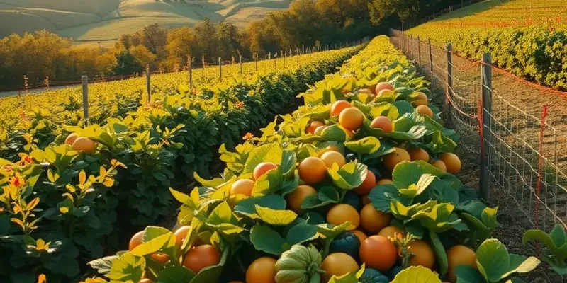 Scenic landscape of an orchard with a variety of fruits and vegetables basking in sunlight.