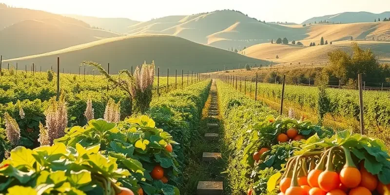 A lush garden filled with various organic vegetables bathed in sunlight, symbolizing sustainable farming.
