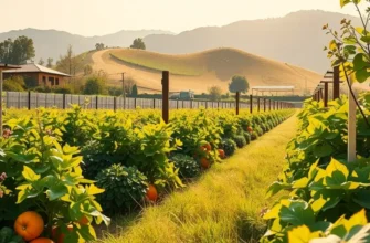 Photorealistic landscape of lush greenery with vibrant fruits and vegetables growing naturally.