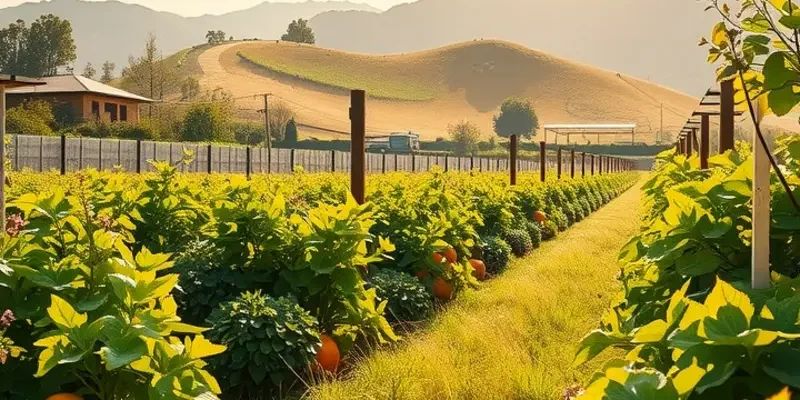 Photorealistic landscape of lush greenery with vibrant fruits and vegetables growing naturally.