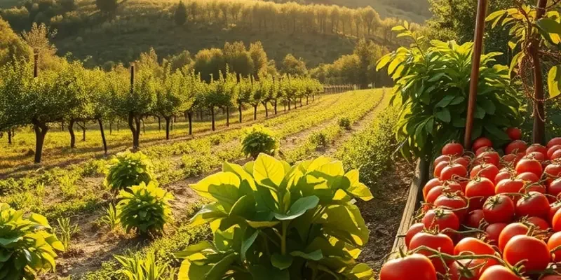 A beautiful sunlit orchard filled with organic fruits and vegetables, symbolizing eco-conscious snacking.