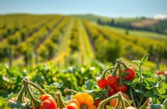 A vibrant orchard filled with healthy organic fruits and vegetables under soft sunlight.