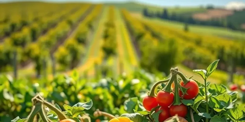 A vibrant orchard filled with healthy organic fruits and vegetables under soft sunlight.