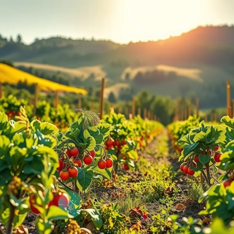 A serene field showcasing vibrant, organic vegetables under the warm sun.
