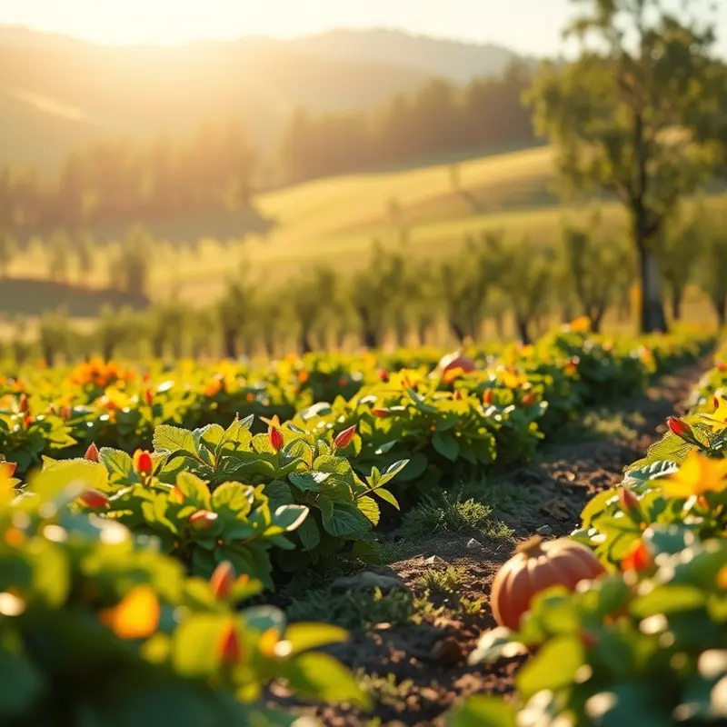 Lush, natural landscape showing vibrant fruits and vegetables thriving in their environment.