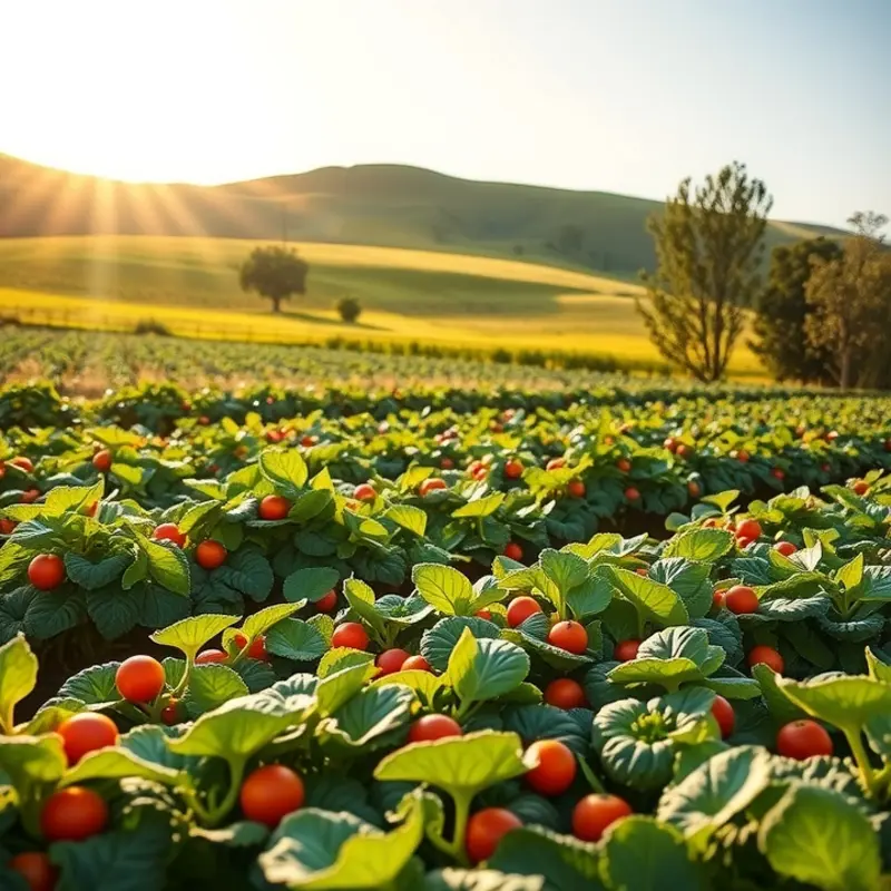 A vibrant organic field abounding with fresh vegetables and fruits.
