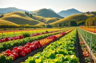 Photorealistic view of an organic farm filled with vegetables and fruits, embodying eco-friendly agriculture.