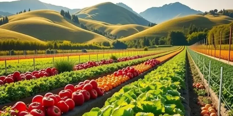 Photorealistic view of an organic farm filled with vegetables and fruits, embodying eco-friendly agriculture.