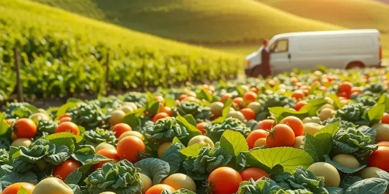 Beautiful sunlit landscape showcasing a variety of colorful organic vegetables and fruits growing naturally.