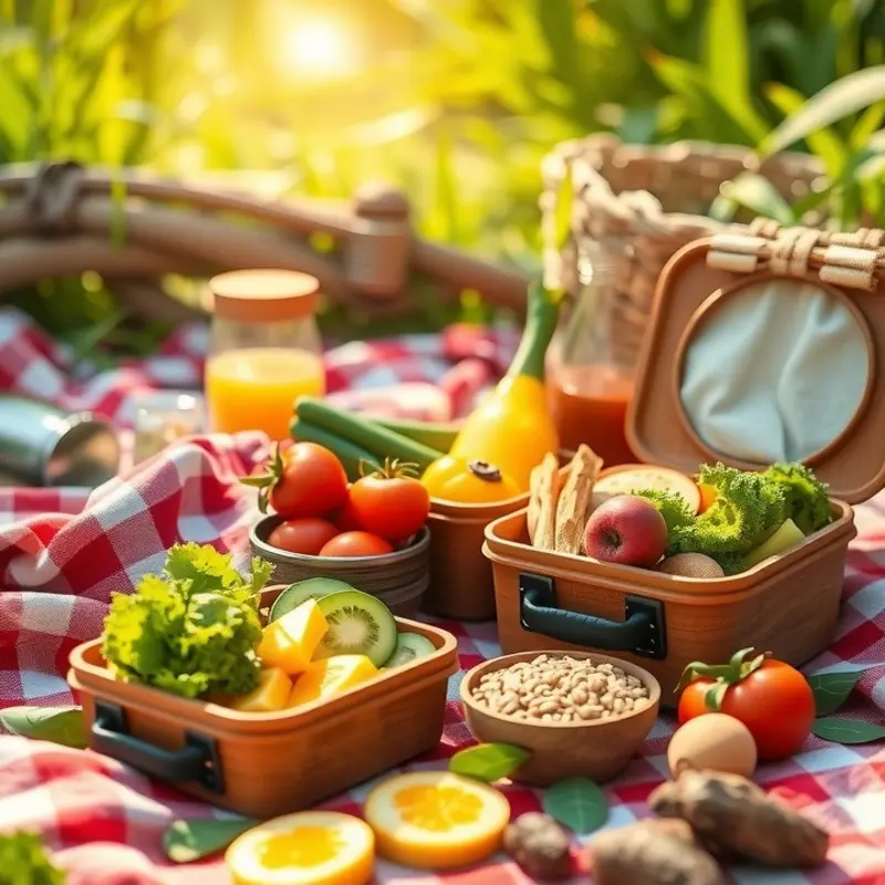 A vibrant sunlit field full of organic vegetables and fruits.