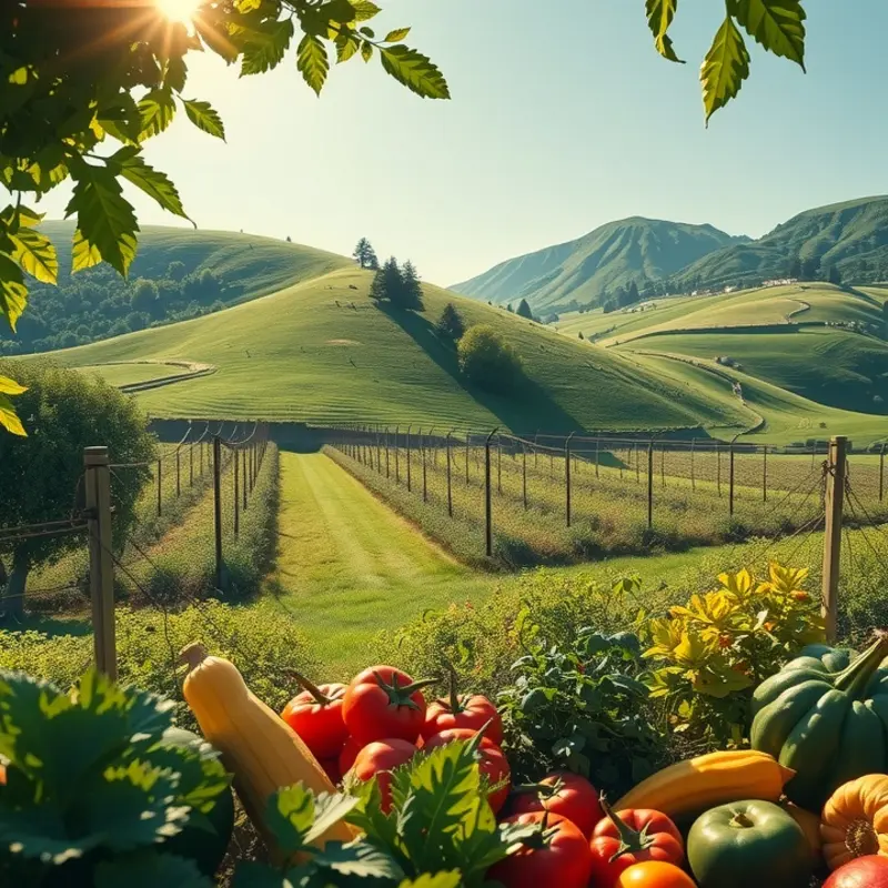 A sunlit organic garden showcasing vibrant produce.