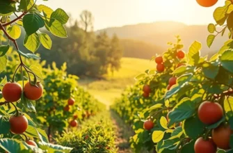 A scenic landscape with lush greenery and vibrant vegetables emphasizing organic produce.