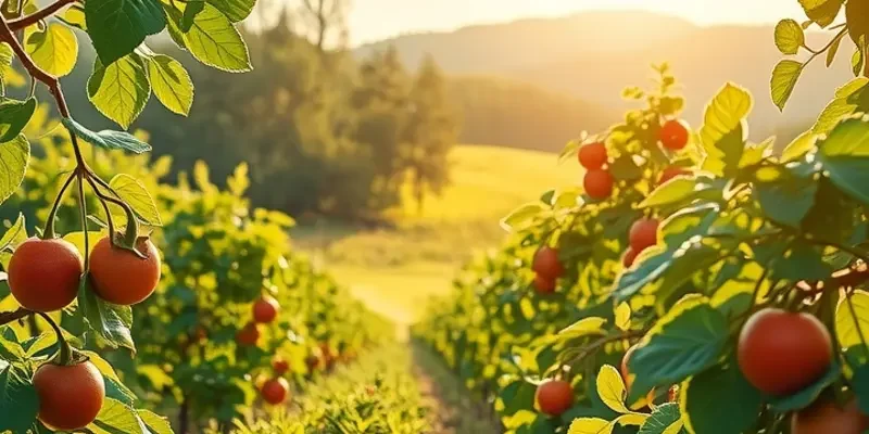 A scenic landscape with lush greenery and vibrant vegetables emphasizing organic produce.