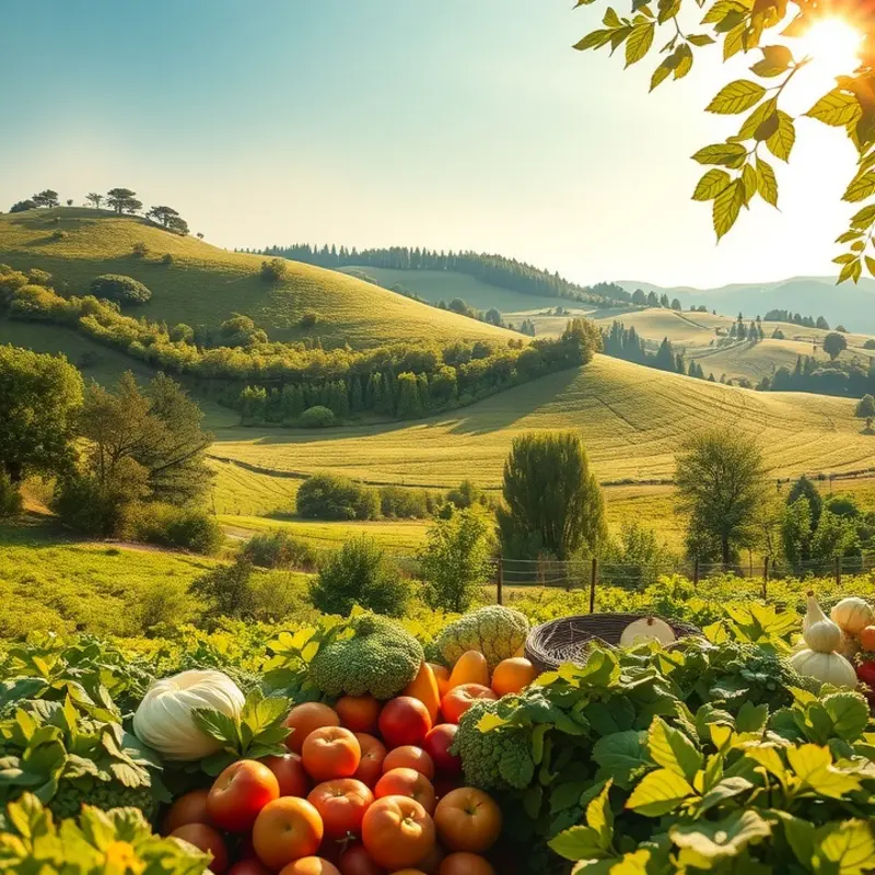 A sunlit field of fresh organic produce, symbolizing essential nutrients for pregnancy.