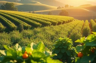 A beautiful landscape depicting a field filled with healthy, vibrant vegetables and fruits.