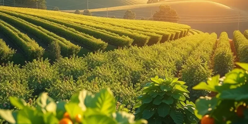 A beautiful landscape depicting a field filled with healthy, vibrant vegetables and fruits.