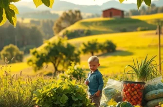 A photorealistic view of lush organic fields under a clear blue sky.