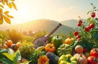 A colorful and fresh landscape showcasing vibrant organic produce in a serene environment.