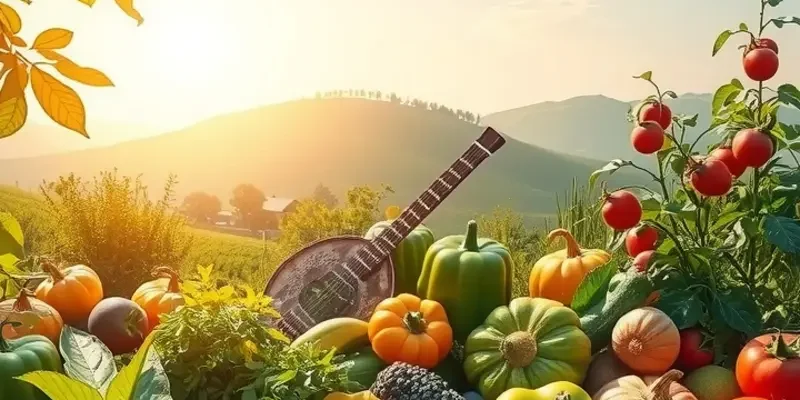 A colorful and fresh landscape showcasing vibrant organic produce in a serene environment.