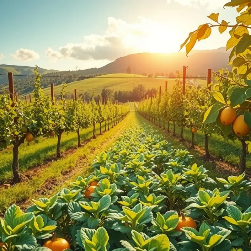 A vibrant landscape depicting organic vegetables and fruits in a sunlit setting.