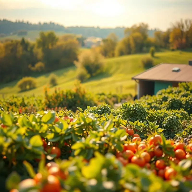 A vibrant landscape depicting organic vegetables and fruits in a sunlit setting.