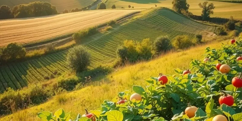 A picturesque landscape with abundant organic produce under soft sunlight, symbolizing the essence of fasting dishes.