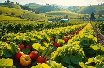A sunlit orchard filled with an array of vibrant organic fruits and vegetables.