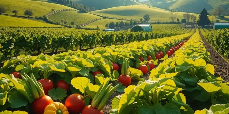 A sunlit orchard filled with an array of vibrant organic fruits and vegetables.