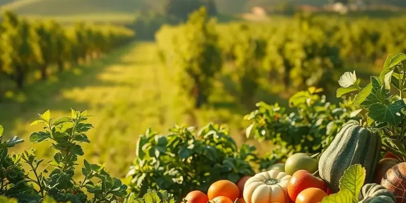 A radiant landscape filled with fresh organic produce symbolizing healthy hydration.