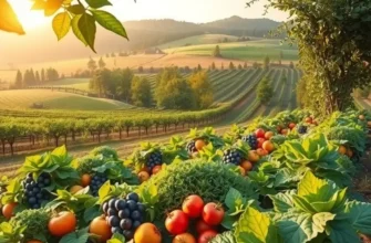 Beautiful sunlit field of organic vegetables and fruits reflecting the principles of nutritious eating.