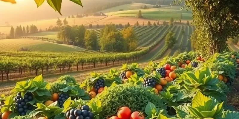 Beautiful sunlit field of organic vegetables and fruits reflecting the principles of nutritious eating.