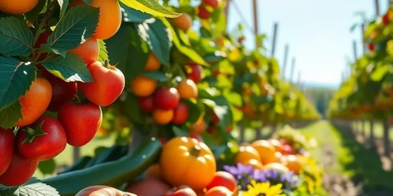 A stunning view of an orchard filled with an abundance of colorful fruits and vegetables in a bright, natural light.