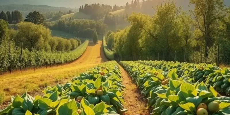 Open field filled with various vegetables and fruits under soft natural lighting.