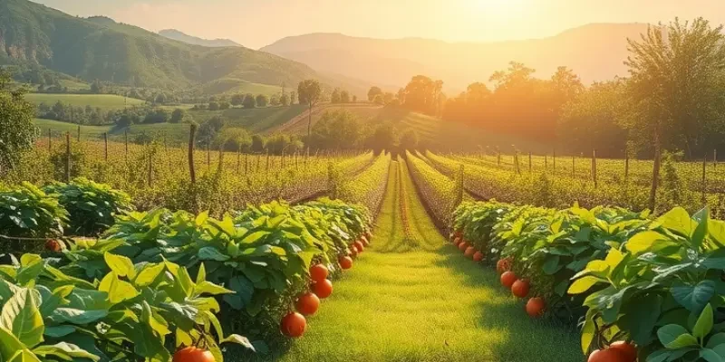 A bright field of organic vegetables under soft sunlight, reflecting healthy agriculture.