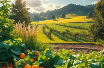 A lush and colorful field filled with fresh organic peppers under warm sunlight.