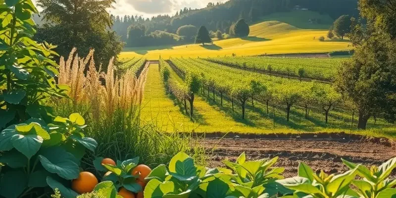 A lush and colorful field filled with fresh organic peppers under warm sunlight.