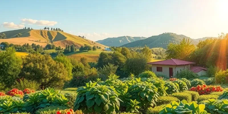 A beautiful sunlit landscape filled with a variety of fresh fruits and vegetables.