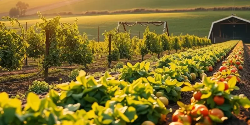 A serene natural landscape filled with organic fruits and vegetables.