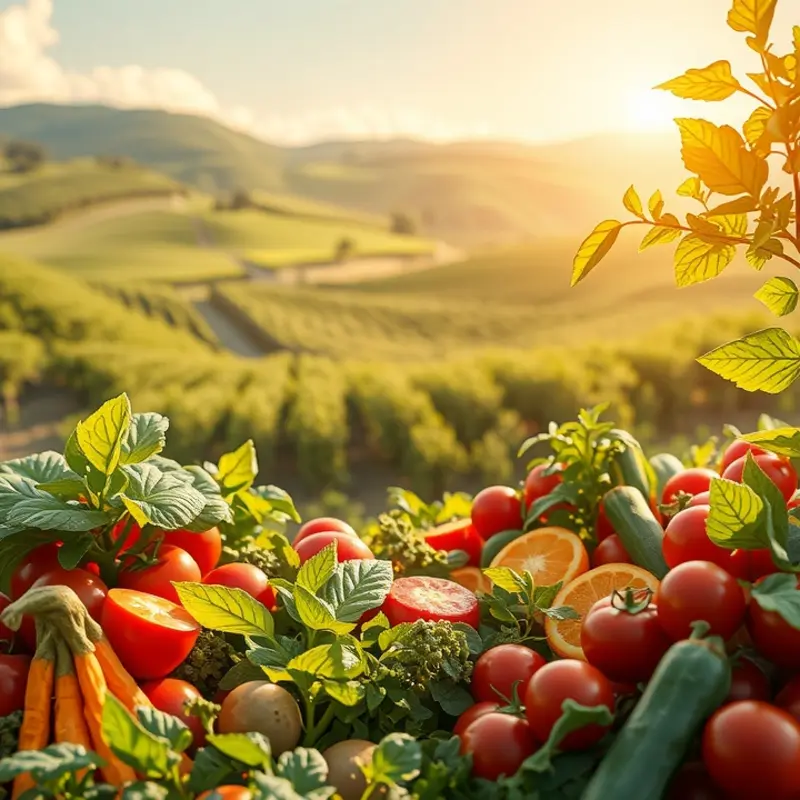 A sunlit field showcasing organic produce flourishing in a lush landscape.