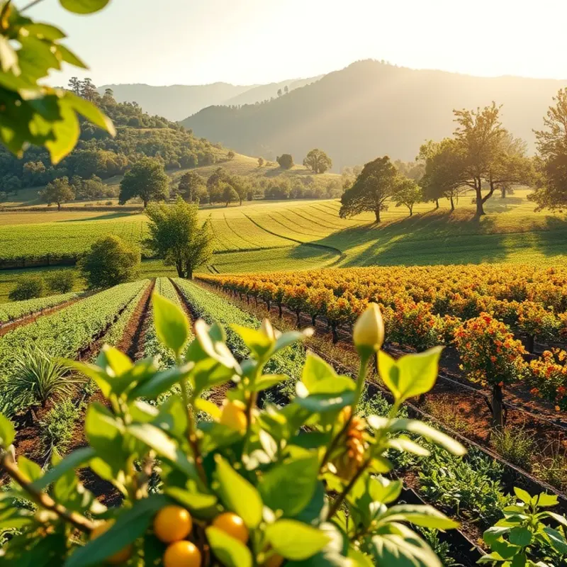 A sunlit field showcasing organic produce flourishing in a lush landscape.