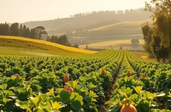A photorealistic image of a sunlit organic field filled with vibrant fruits and vegetables.