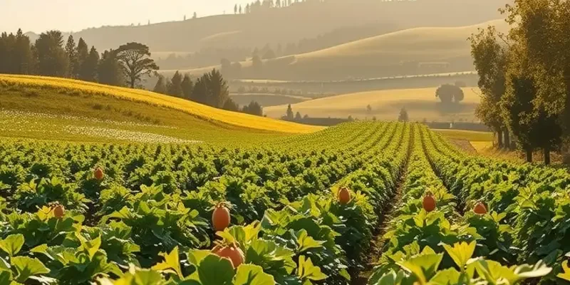 A photorealistic image of a sunlit organic field filled with vibrant fruits and vegetables.