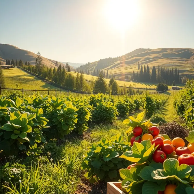 A sunlit organic orchard filled with vibrant fruits and vegetables.