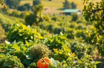 A sunlit view of a field filled with healthy, organic vegetables and fruits.